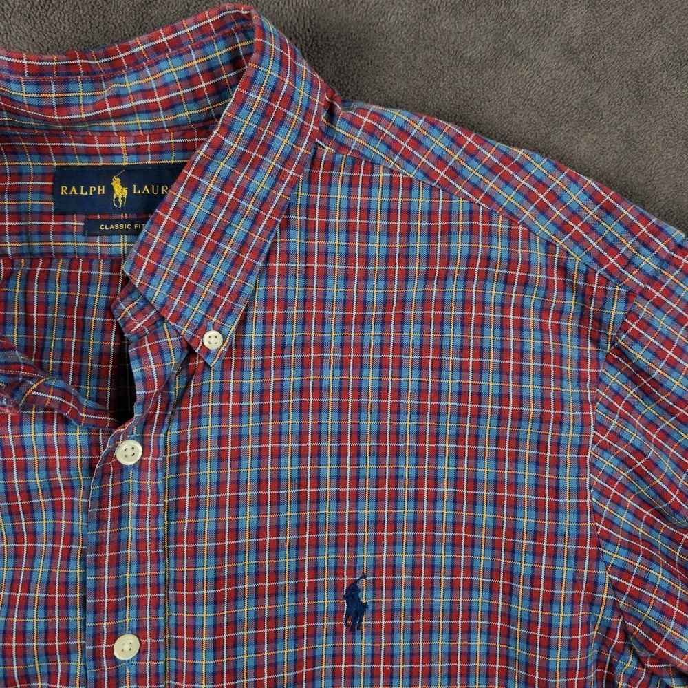 Ralph Lauren Shirt Mens Large Classic Fit Red Blue Plaid Long Sleeve Button Up